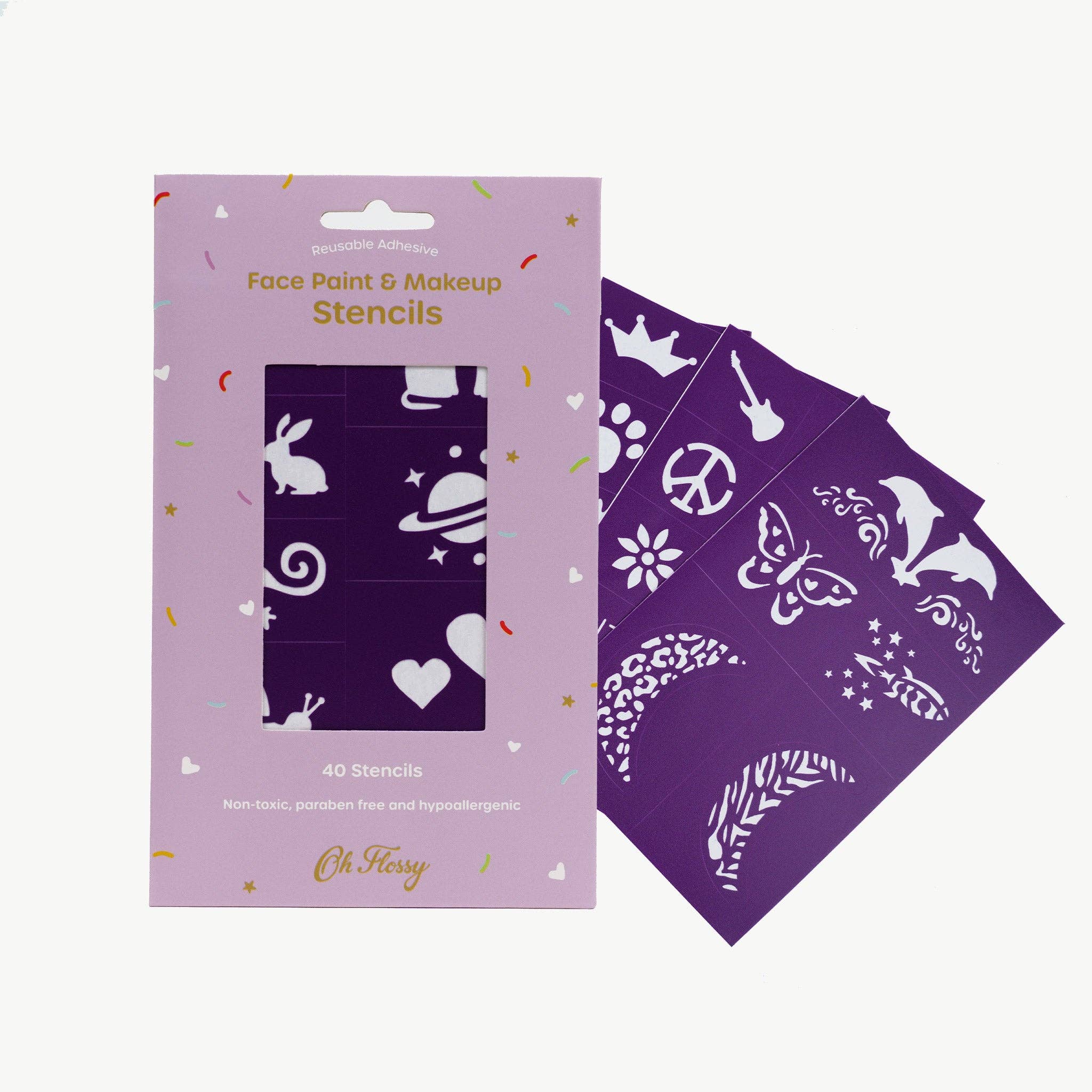 Purple reusable adhesive face paint stencil from Oh Flossy, featuring intricate designs for creative face art.