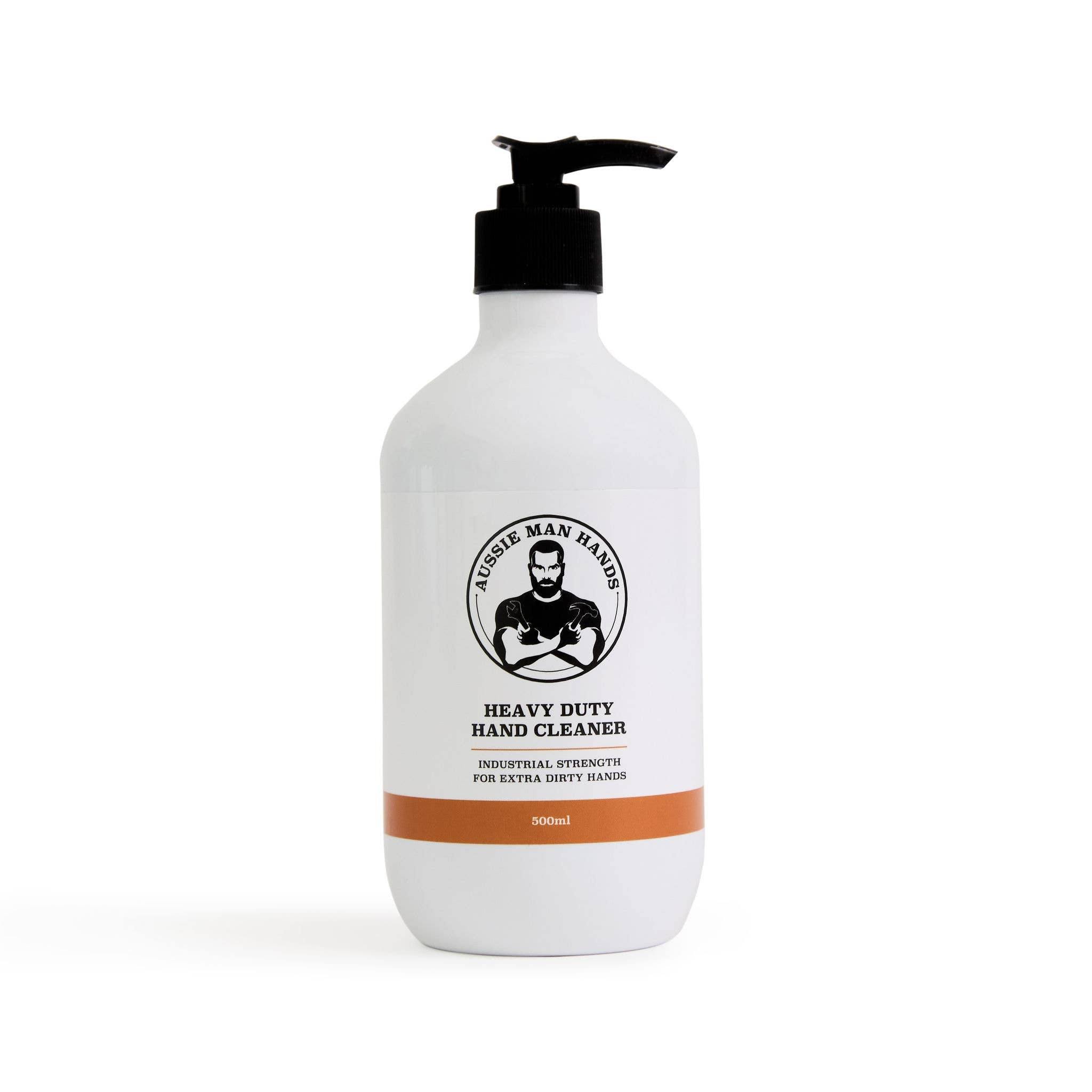 Aussie Man Hands heavy-duty hand cleaner in a 500ml bottle, designed for tough dirt and grime, with a blue label and pump dispenser.
