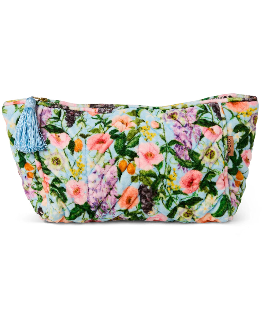 Kip & Co Spring In The Air velvet toiletry bag with floral pattern and zip closure, stylish accessories for travel and organization.