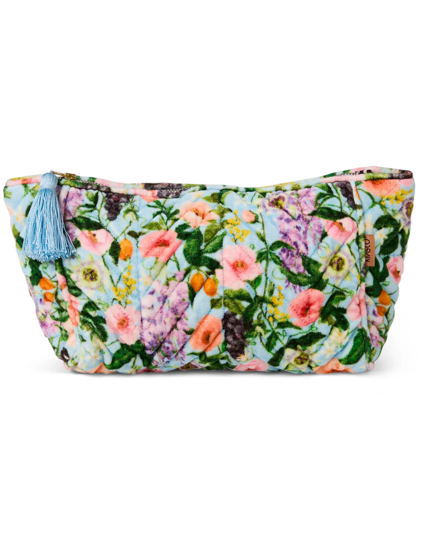 Kip & Co Spring In The Air velvet toiletry bag with floral pattern and zip closure, stylish accessories for travel and organization.