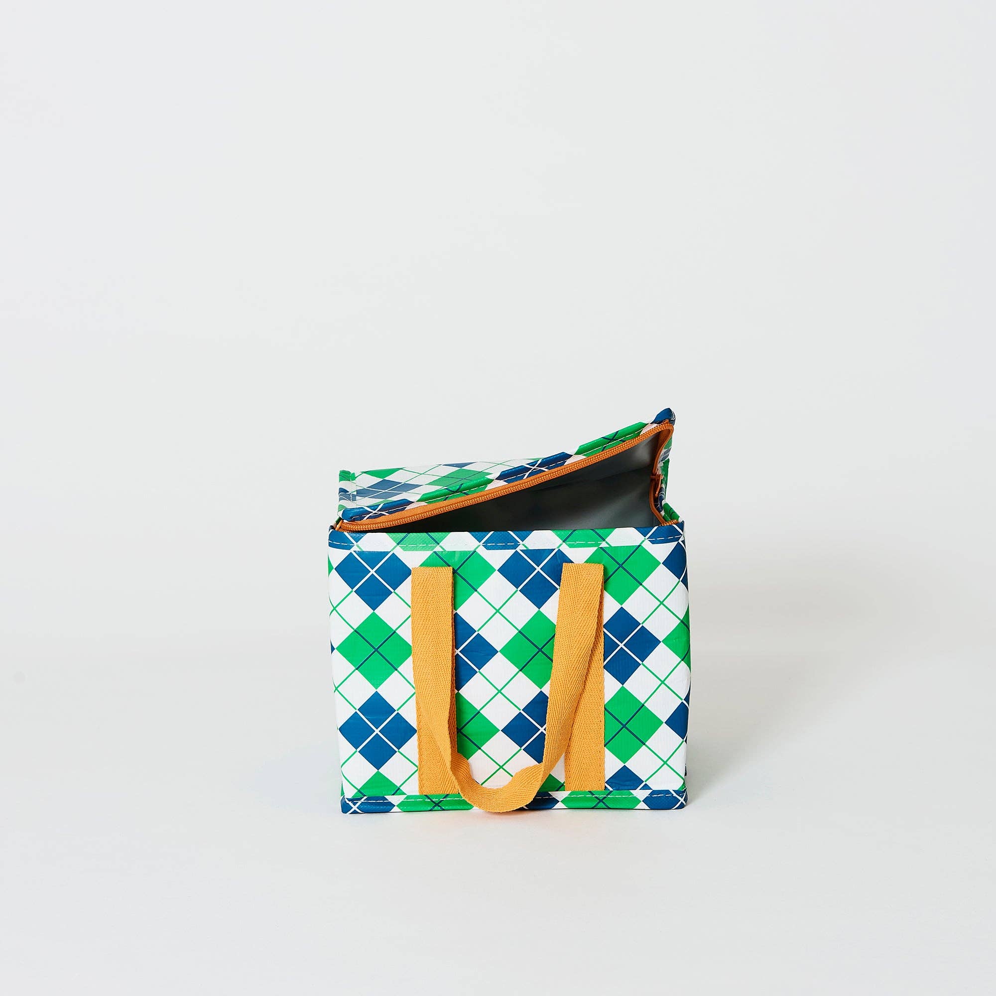 Project Ten Argyle Mini Insulated Tote bag with argyle pattern, compact design, and insulated interior for keeping items cool or warm.