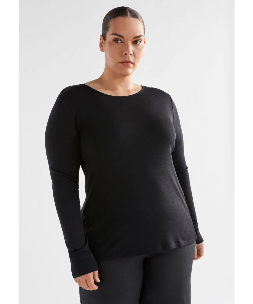 Elk black Merino long sleeve top for women, featuring a fitted design and soft wool fabric, ideal for layering or casual wear.