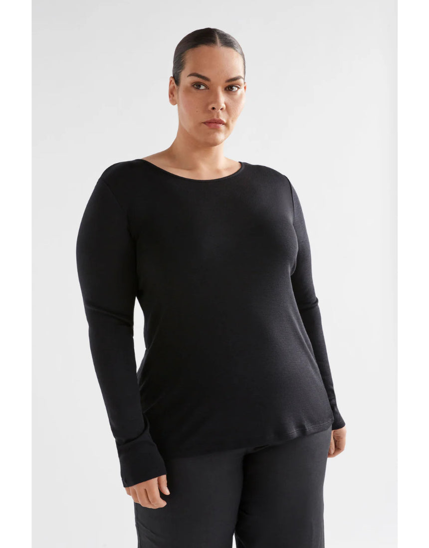 Elk black Merino long sleeve top for women, featuring a fitted design and soft wool fabric, ideal for layering or casual wear.