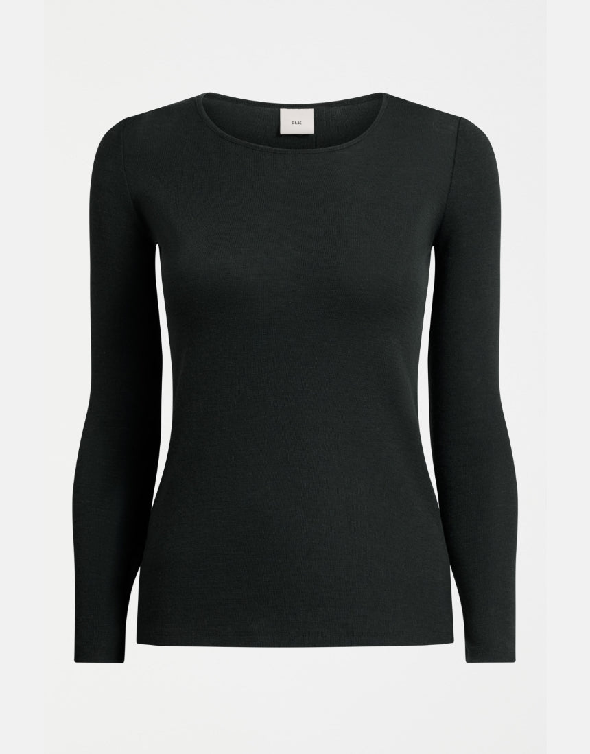 Dark pine Elk Merino long sleeve top made from soft, warm wool fabric, displayed flat on a plain background.
