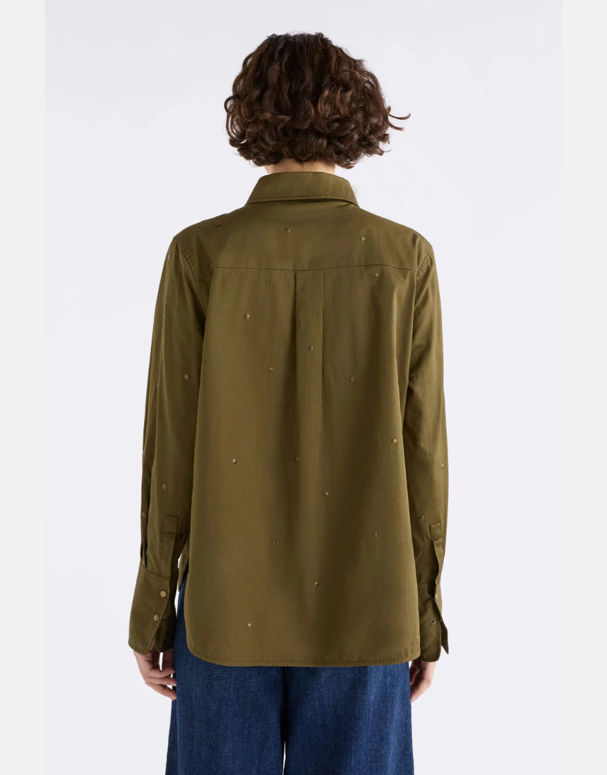 Olive green Elk Stuud long sleeve shirt laid flat, showcasing its casual, comfortable design and fabric texture.