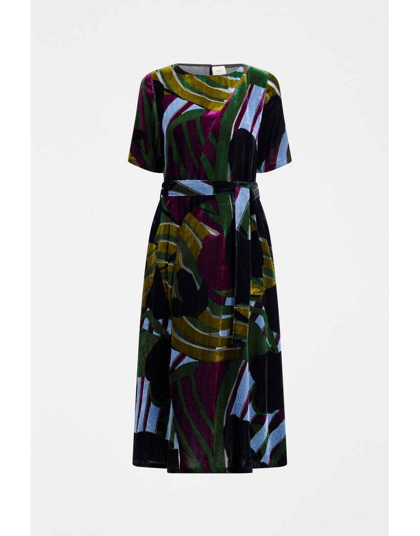ELK The Label Reihen Dress in Stribe Burnout with a relaxed fit and floral pattern, shown on a model.
