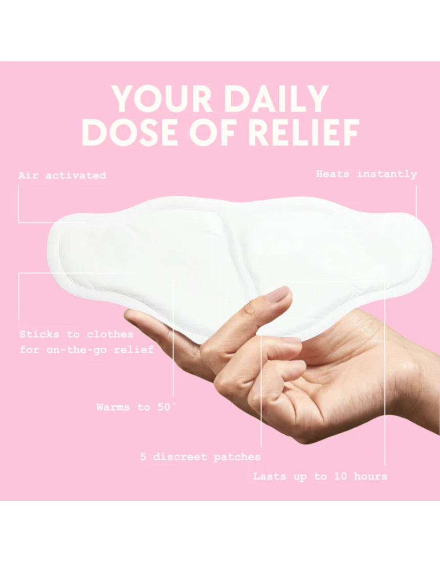 Lula self-warming body patch heat patch applied to skin, providing soothing warmth and comfort.