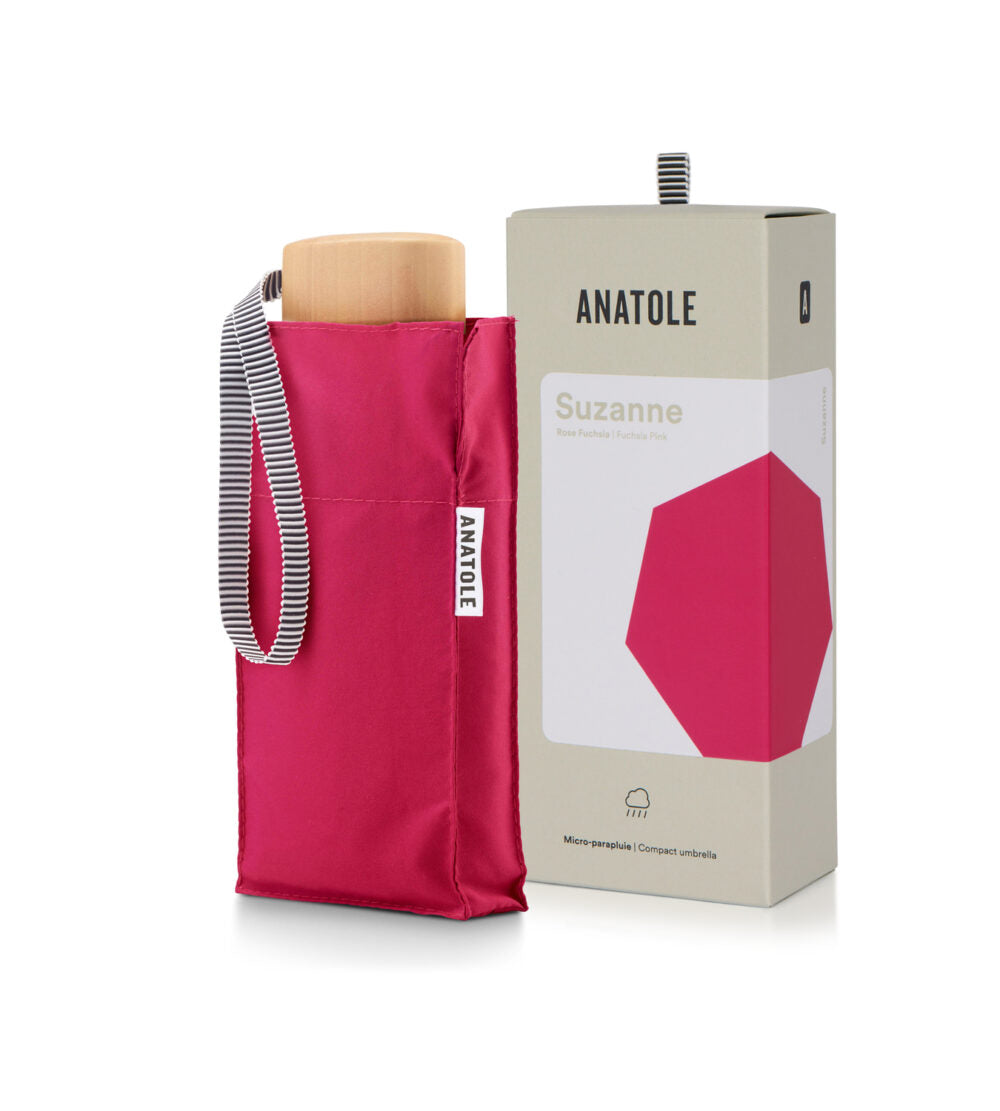 Pink Anatole Suzanne micro-umbrella open, compact umbrella with a floral pattern, designed for easy carrying and rain protection.
