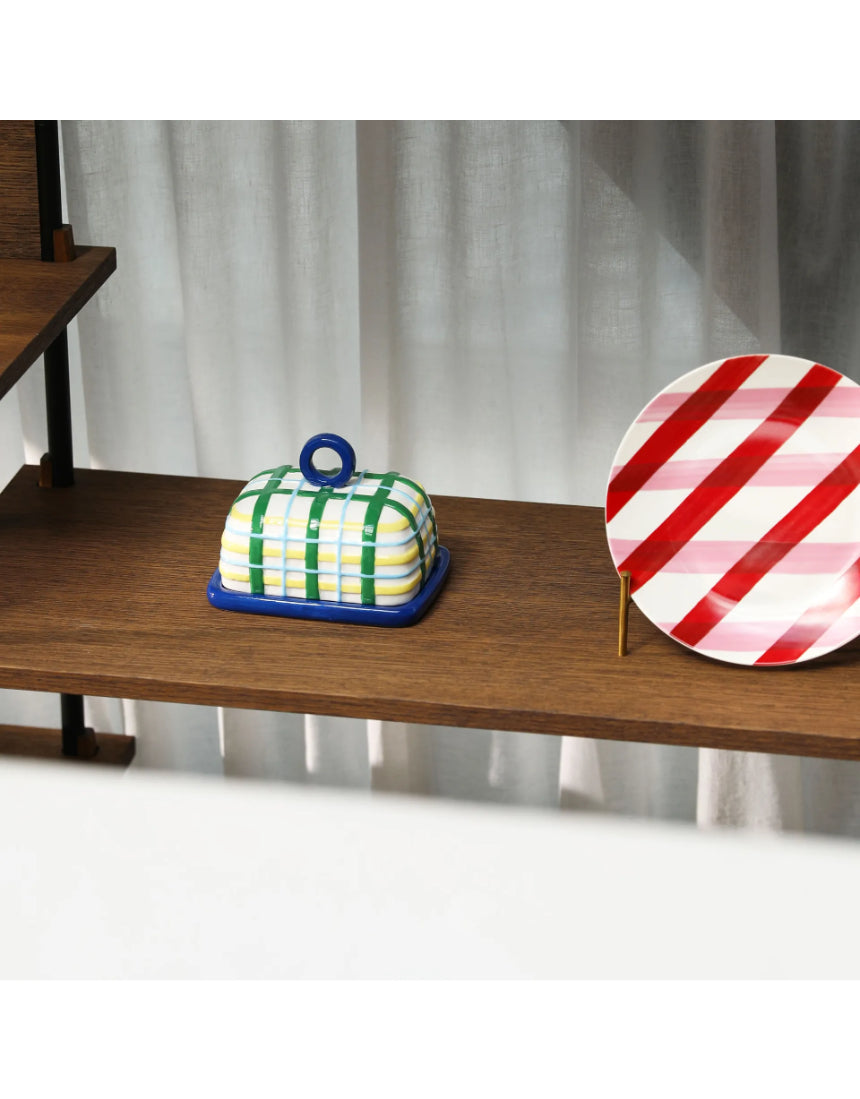 Klevering butter dish with plaid blue design, featuring a sleek ceramic container for serving and storing butter.