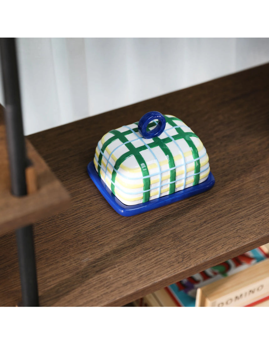 Blue plaid Klevering butter dish with a classic design, featuring a lid and base for serving butter in style.