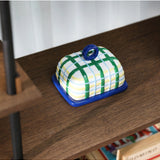 Blue plaid Klevering butter dish with a classic design, featuring a lid and base for serving butter in style.