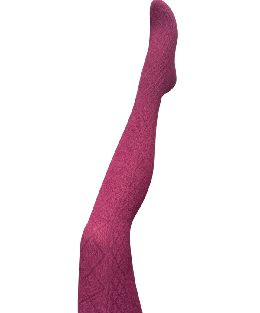 Aran Claret Cashmere Blend Tights by Tightology, close-up of soft, textured tights with a rich red color.