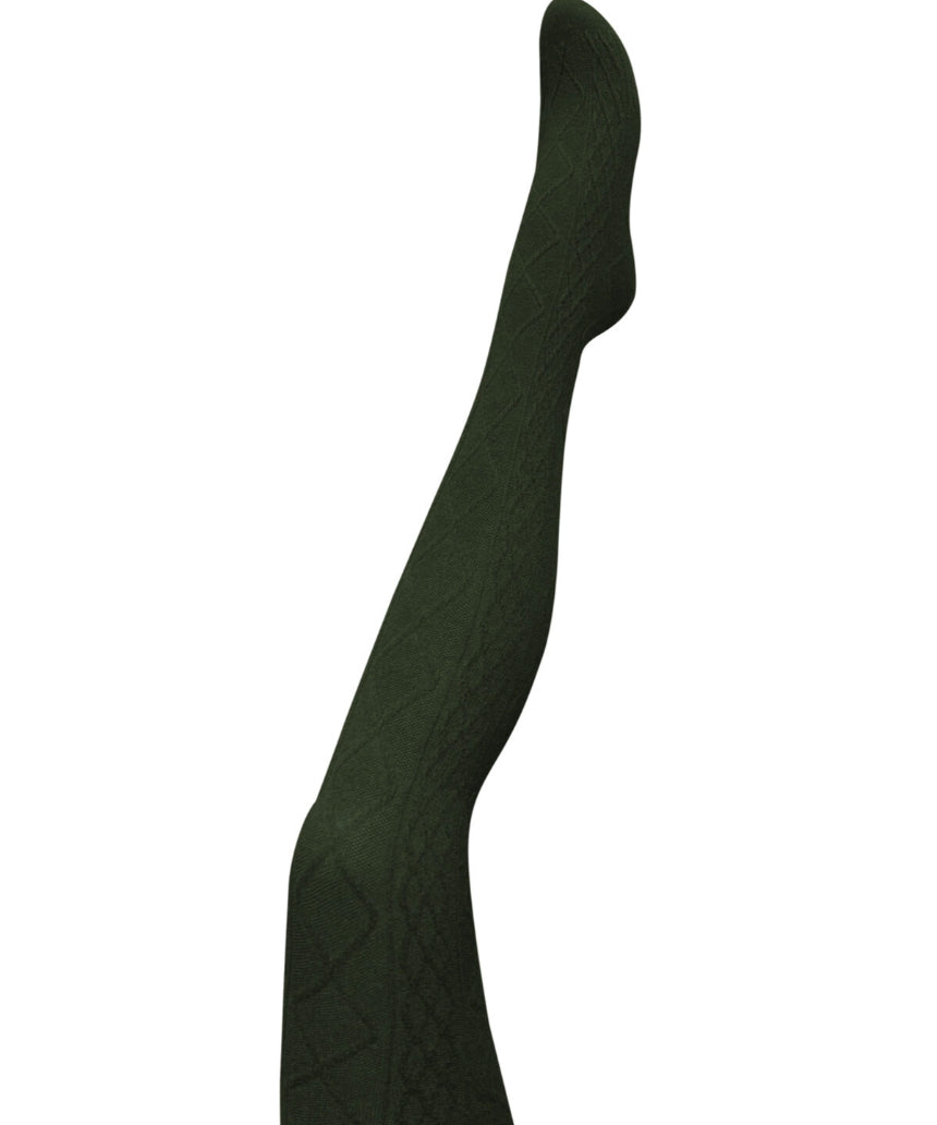 Green Aran Cashmere Blend Tights by Tightology, close-up of soft, cozy knit fabric and fitted design for comfortable wear.