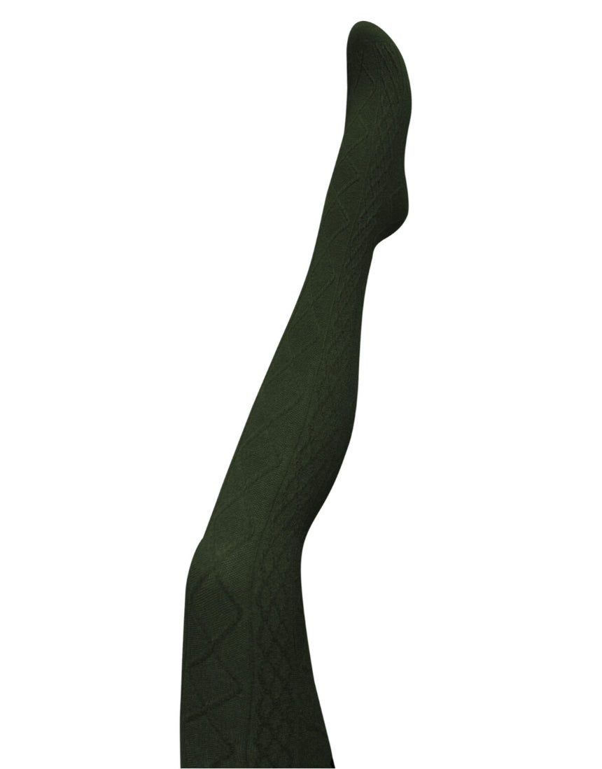 Green Aran Cashmere Blend Tights by Tightology, close-up of soft, cozy knit fabric and fitted design for comfortable wear.