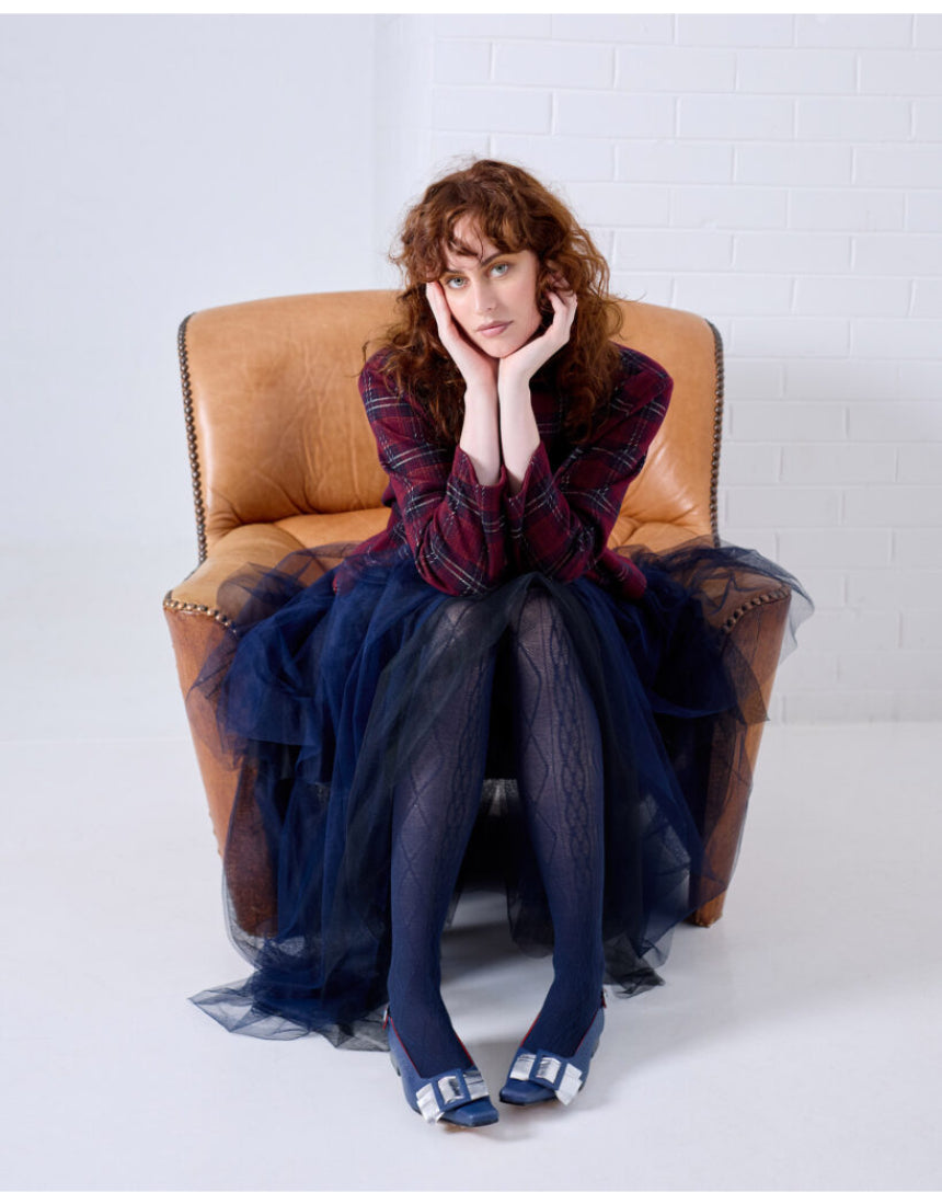 Navy Aran Cashmere Blend Tights by Tightology, close-up of soft, textured knit fabric showcasing the stylish tights.