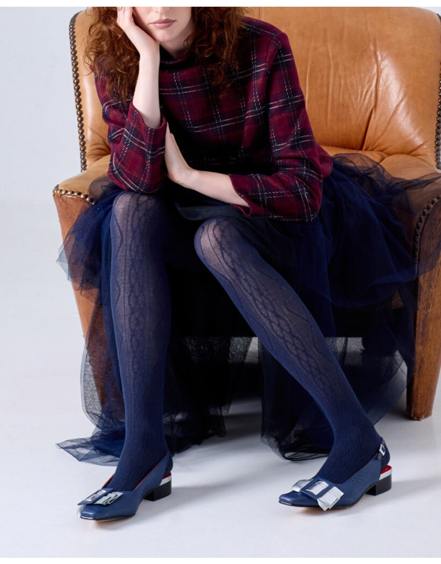 Navy Aran Cashmere Blend Tights by Tightology, close-up of soft, cozy knit fabric and waistband, perfect for winter wear.