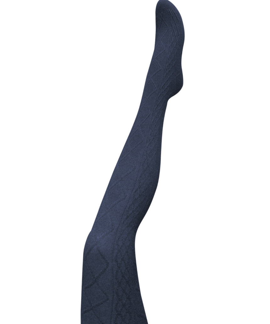 Navy Aran Cashmere Blend Tights by Tightology shown on a model, highlighting soft knit texture and snug fit for winter warmth.