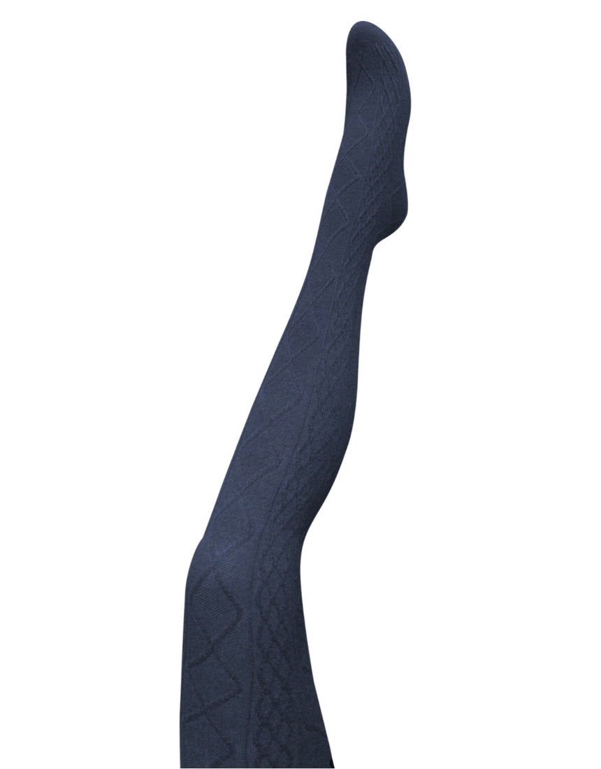 Navy Aran Cashmere Blend Tights by Tightology shown on a model, highlighting soft knit texture and snug fit for winter warmth.