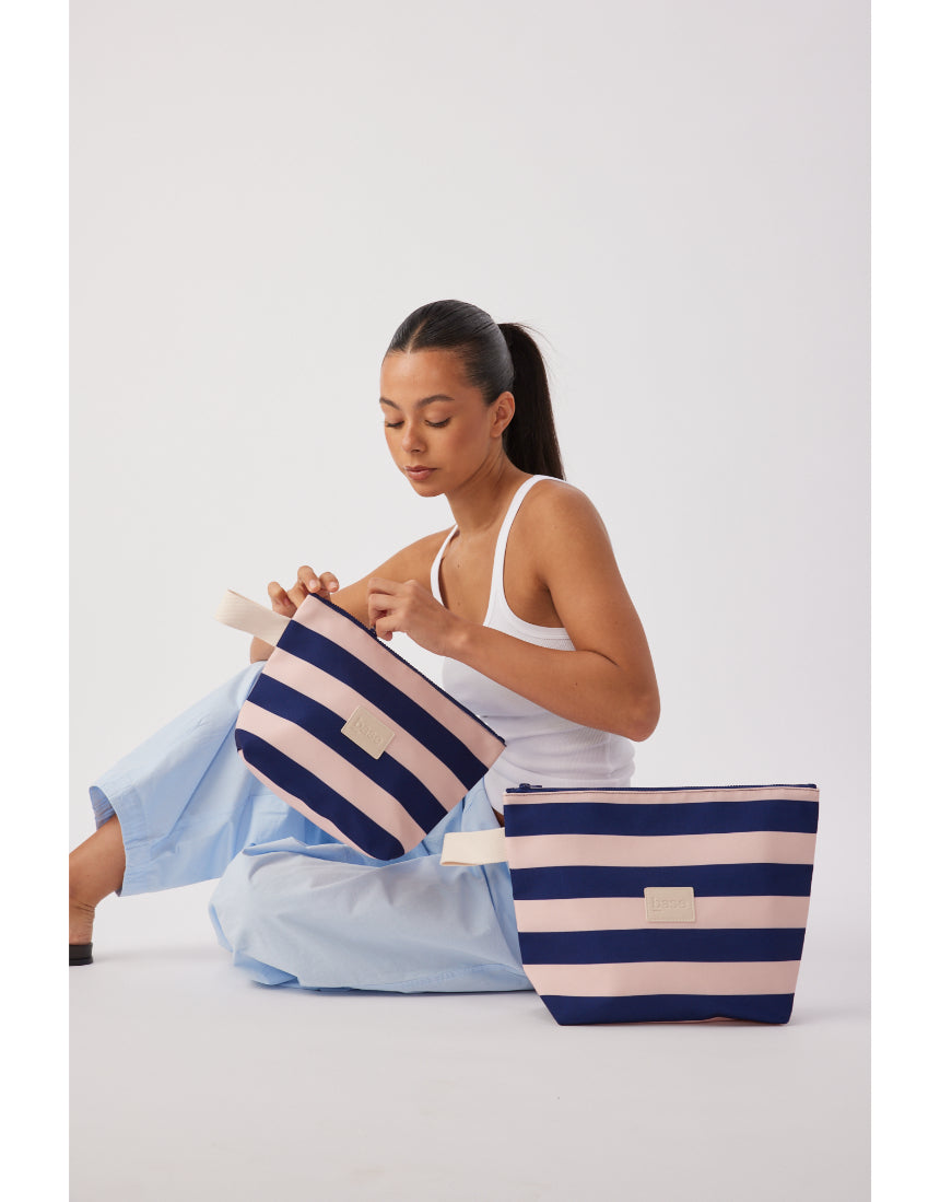 Large Regatta Stripe wet base from Base, featuring bold blue and white horizontal stripes on durable waterproof material.