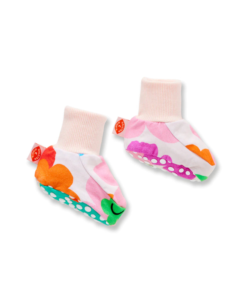 Halcyon Nights Hey Blomma! Veg baby booties in soft fabric, colorful floral design, perfect for infants' cozy footwear.