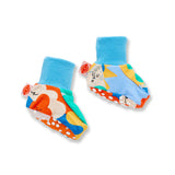 Halcyon Nights Mount Wiggly baby booties in soft fabric, designed for comfort and warmth for infants.