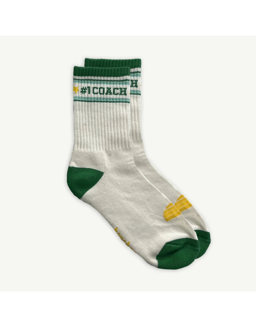 Banabae Coach Organic Cotton Crew Socks in white featuring a stylish design, made from eco-friendly organic cotton fabric.