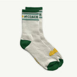 Banabae Coach Organic Cotton Crew Socks in white featuring a stylish design, made from eco-friendly organic cotton fabric.