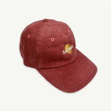 Banabae Rad Aunty Cord Cap in eco-friendly red fabric, featuring a classic baseball style with a curved brim and adjustable strap.