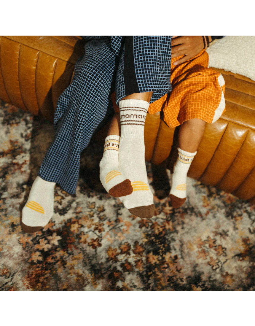 Banabae Rad Mama organic cotton crew sock with Coco stripe design, featuring comfortable fit and colorful striped trim.