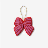 Pink beaded bow Christmas decoration by Bonnie and Neil, festive holiday ornament with intricate beadwork and soft pink color.