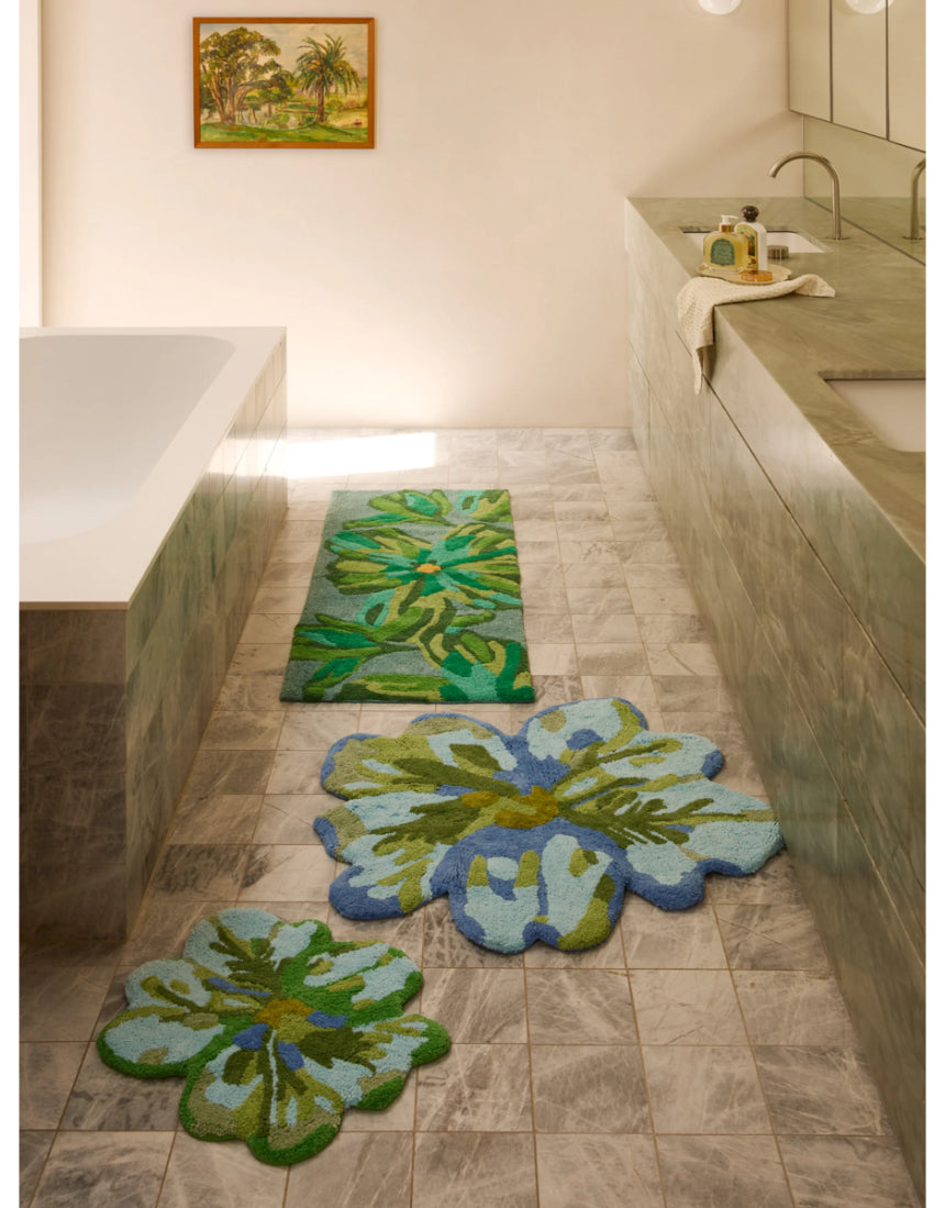 Dutch Floral Green Bath Mat by Bonnie and Neil with a vibrant floral pattern, ideal for bathroom decor and comfort.