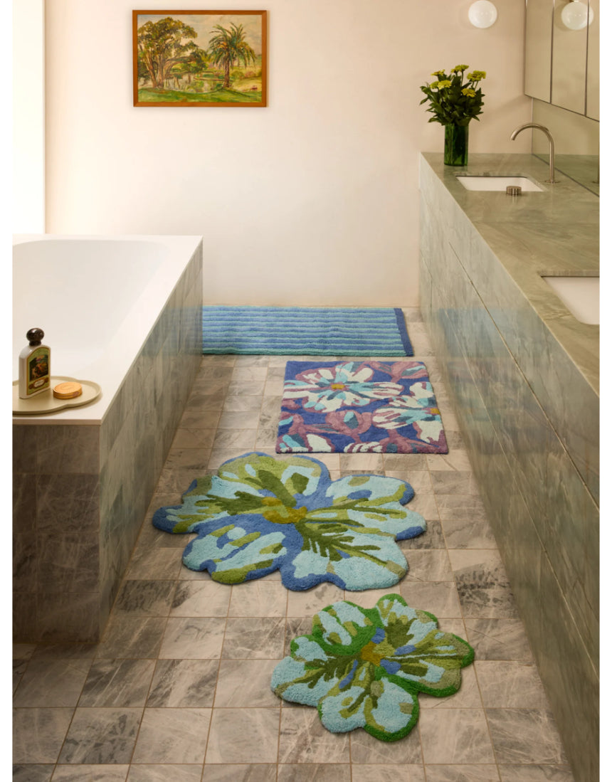 Bonnie and Neil Mini Tulip Blue Green Bath Mat with floral design, soft fabric, and textured surface for bathroom decor