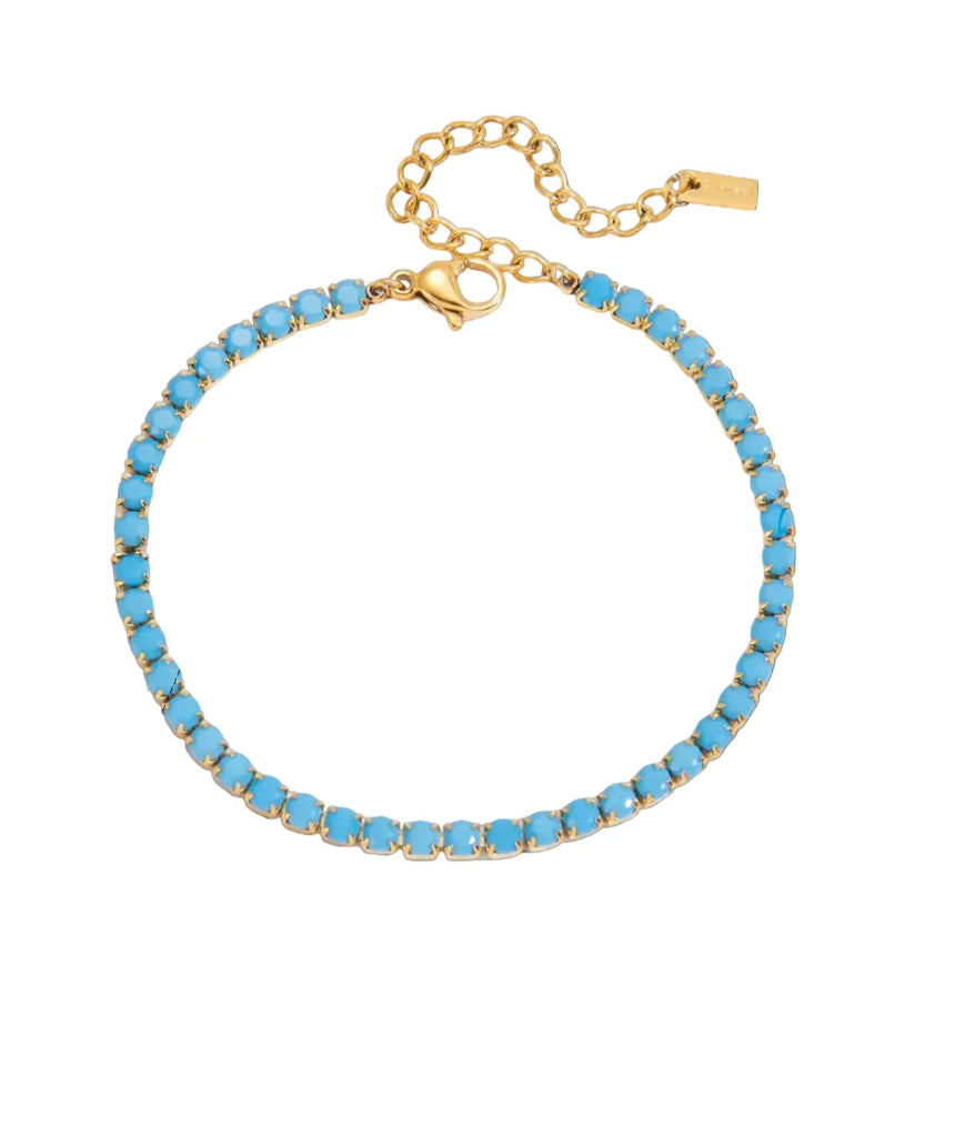 Salty Safari Bella tennis bracelet featuring delicate chain and small bead accents, styled on a wrist for a trendy look.