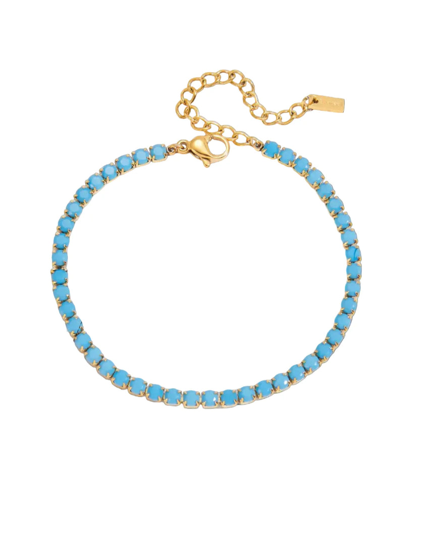 Salty Safari Bella tennis bracelet featuring delicate chain and small bead accents, styled on a wrist for a trendy look.