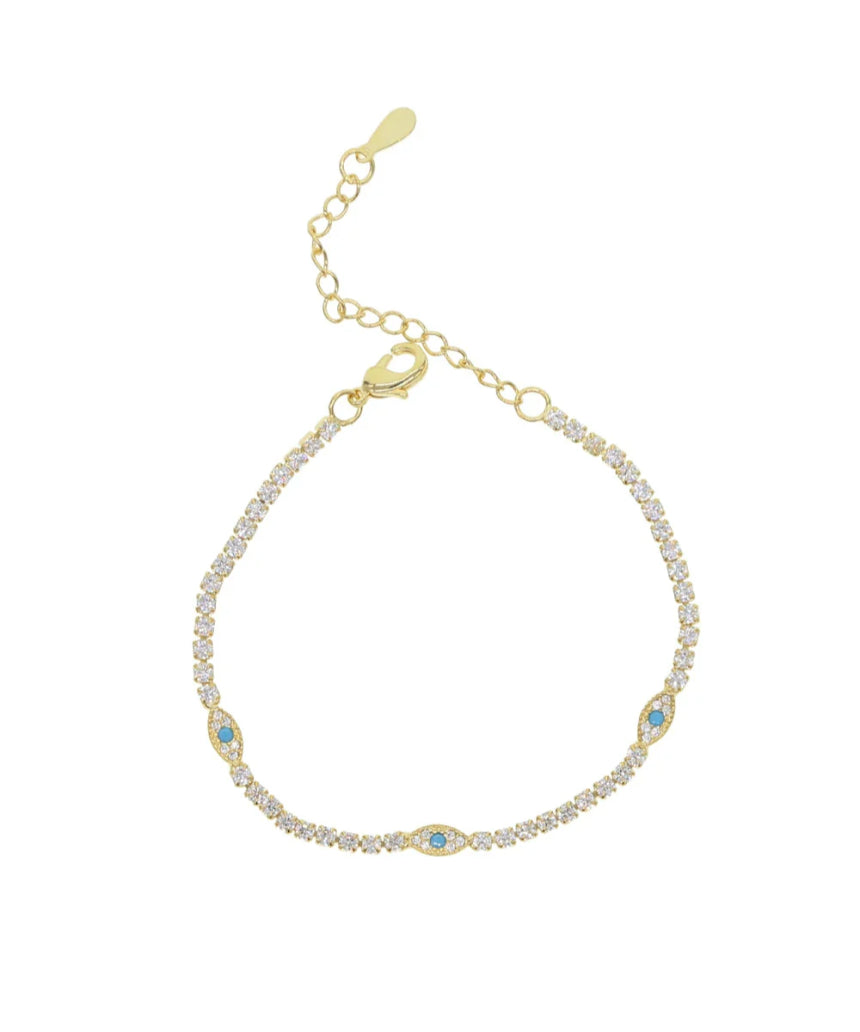 Salty Safari Evil Eye protection tennis bracelet featuring blue and silver beads on a delicate chain.