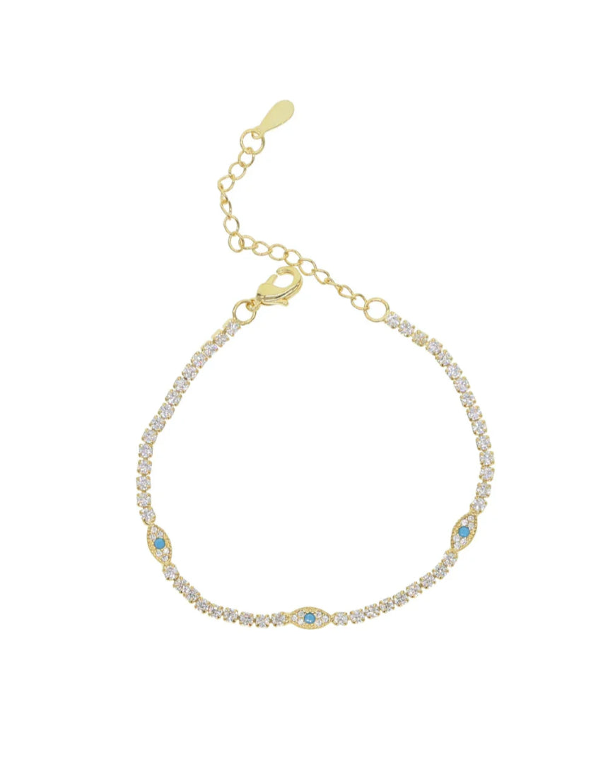Salty Safari Evil Eye protection tennis bracelet featuring blue and silver beads on a delicate chain.