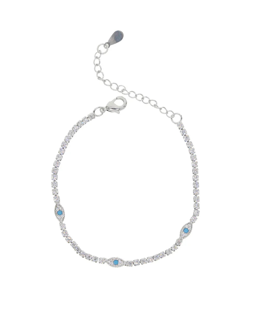 Salty Safari Evil Eye Protection Tennis Bracelet featuring a silver chain with blue and white evil eye charms on a white background.