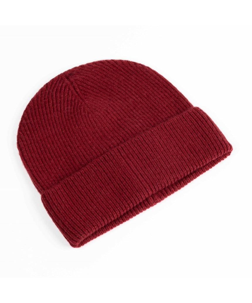 Maison Fanli Auguste Beanie in Bordeaux color, soft knit fabric, shown on a head, stylish winter accessory.
