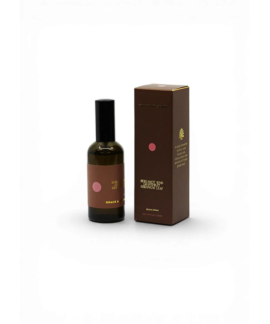 Grace and James Forager Room Spray featuring bergamot rind, grapefruit, and geranium in a sleek bottle.