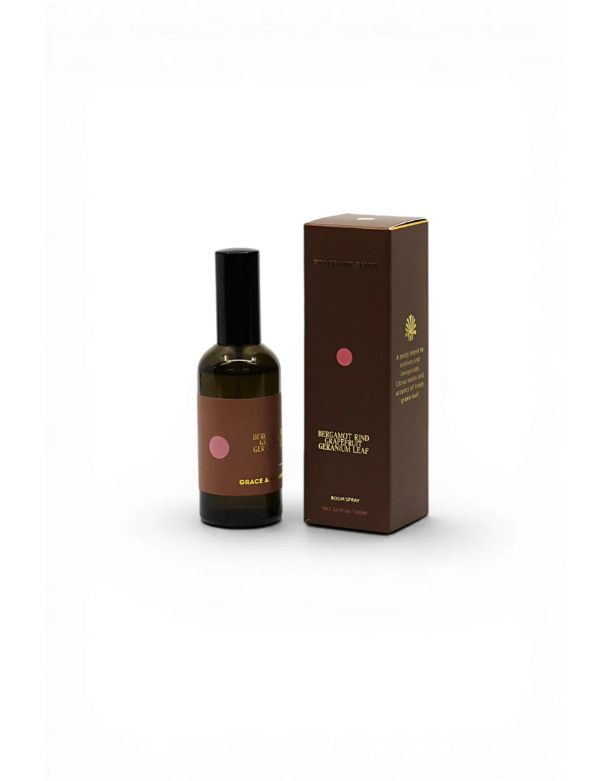 Grace and James Forager Room Spray featuring bergamot rind, grapefruit, and geranium in a sleek bottle.