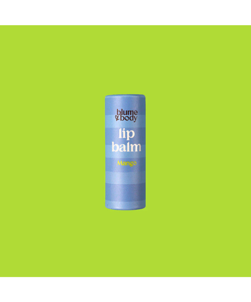 Blue tube of Bloom & Body Mango Lip Balm with a clear cap, showcasing a smooth, hydrating lip balm inside.