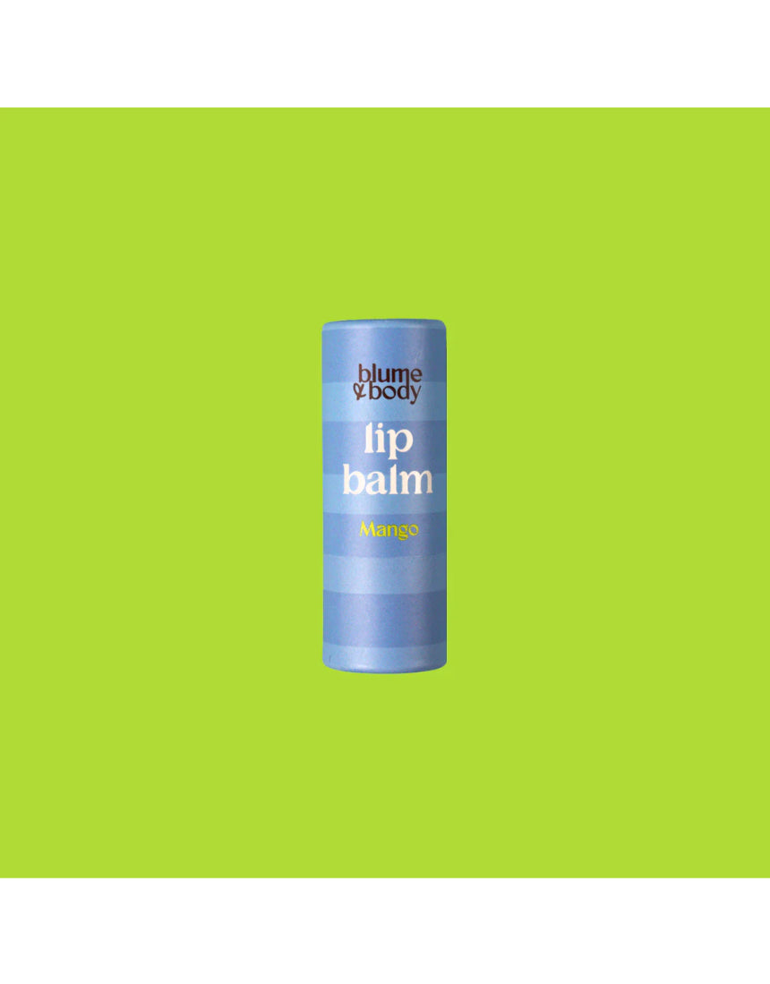 Blue tube of Bloom & Body Mango Lip Balm with a clear cap, showcasing a smooth, hydrating lip balm inside.
