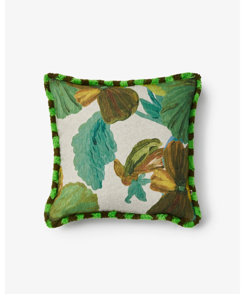 Bonnie and Neil Wild Pansy Verde 50cm linen cushion with vibrant floral design for living room decor