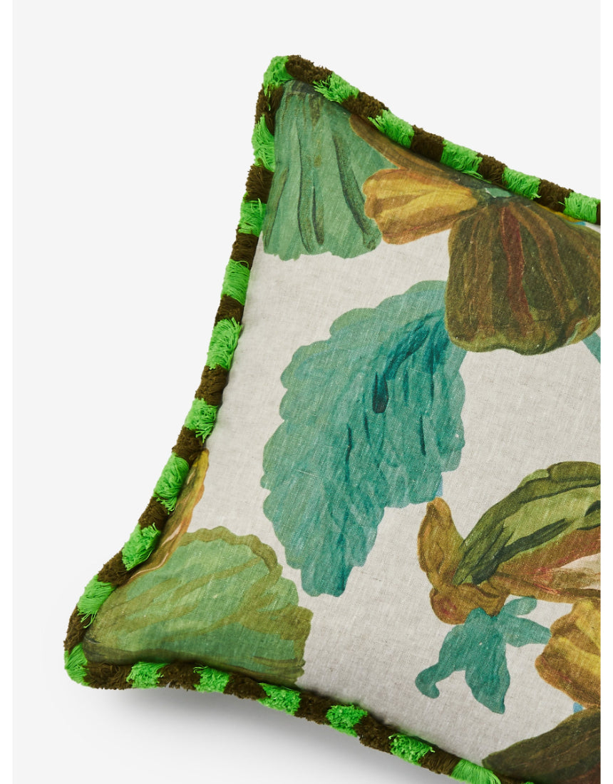 Bonnie and Neil Wild Pansy Verde linen cushion, 50cm, with vibrant floral pattern, perfect for living room decor.