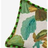 Bonnie and Neil Wild Pansy Verde linen cushion, 50cm, with vibrant floral pattern, perfect for living room decor.