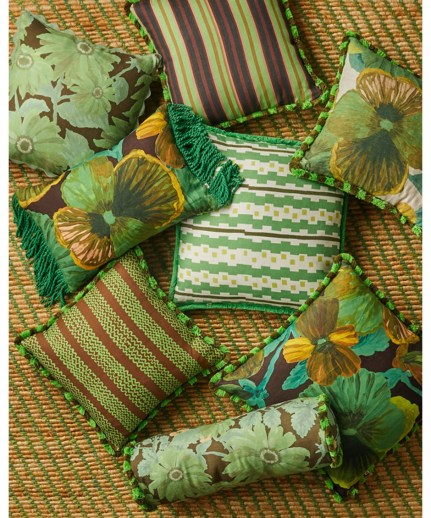 Bonnie and Neil Wild Pansy Verde 50cm linen cushion with floral pattern, ideal for living room decor.