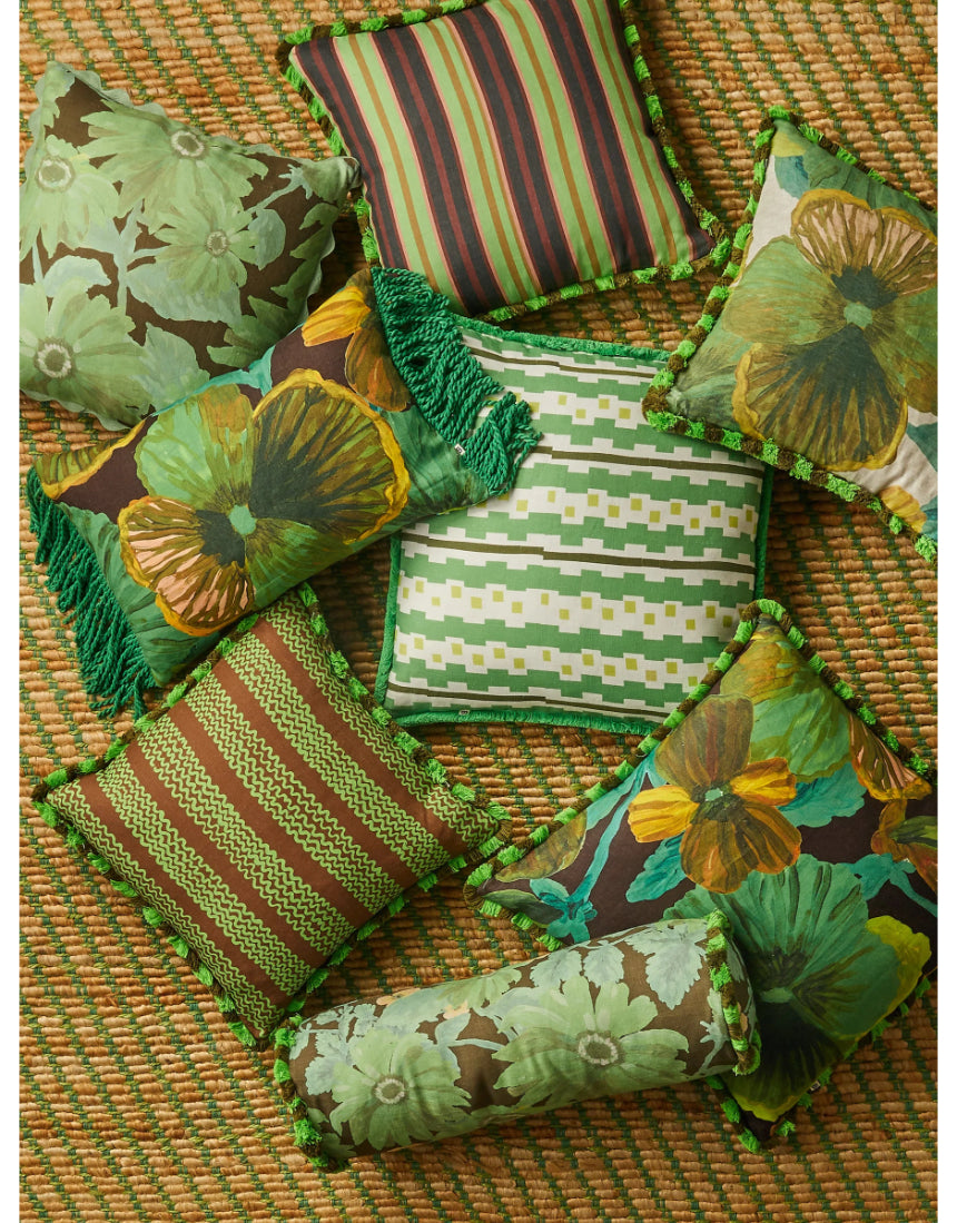 Bonnie and Neil Wild Pansy Verde 50cm linen cushion with floral pattern, ideal for living room decor.