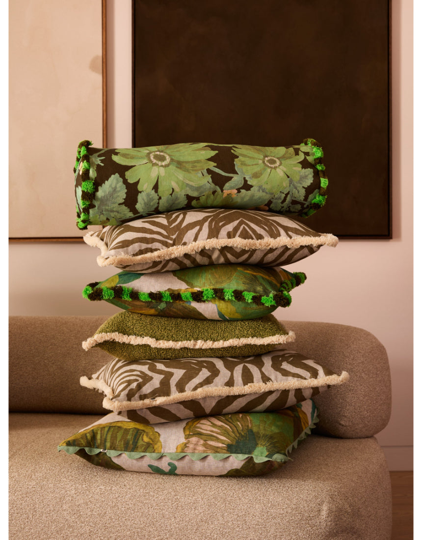 Bonnie and Neil Wild Pansy Verde 50cm linen cushion with vibrant floral design for living room decor