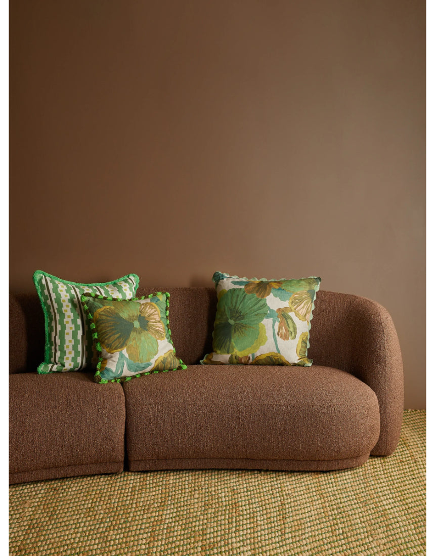 Bonnie and Neil Wild Pansy Verde 50cm linen cushion with floral design, perfect for living room decor.
