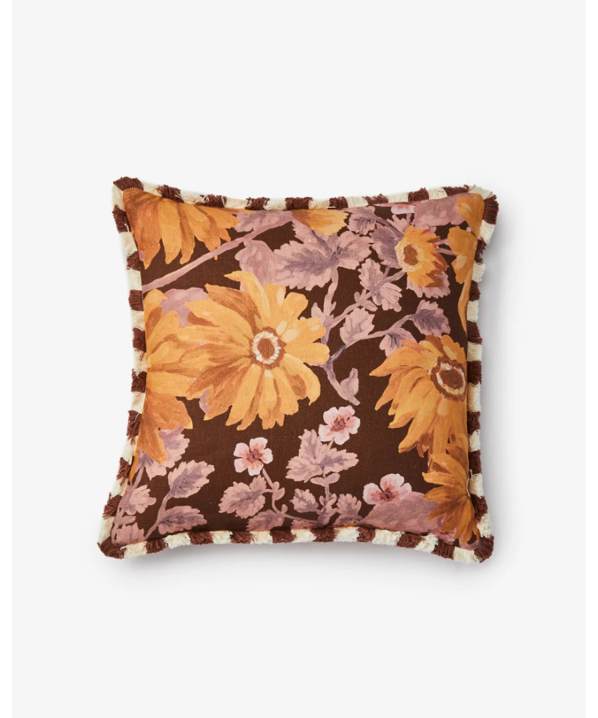 Bonnie and Neil Marigold Amber 50cm linen cushion with floral design, perfect for living room decor.